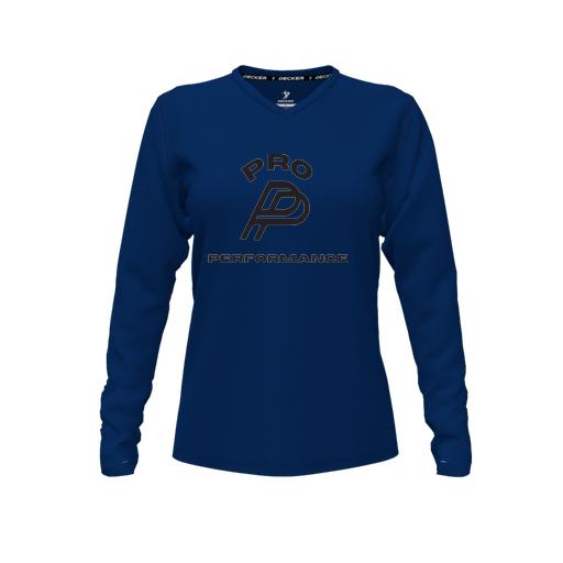 [CUS-DFW-TEES-PER-VNK-LSL-NVY-FYXS-LOGO1] Performance T-Shirt (Female Youth XS, Navy, V Neck, Logo 1, Long Sleeve)