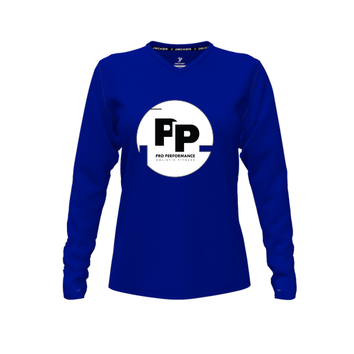 [CUS-DFW-TEES-PER-VNK-LSL-RYL-FYXS-LOGO2] Performance T-Shirt (Female Youth XS, Royal, V Neck, Logo 2, Long Sleeve)