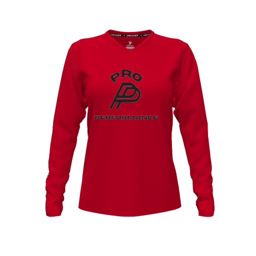 [CUS-DFW-TEES-PER-VNK-LSL-RED-FYXS-LOGO1] Performance T-Shirt (Female Youth XS, Red, V Neck, Logo 1, Long Sleeve)
