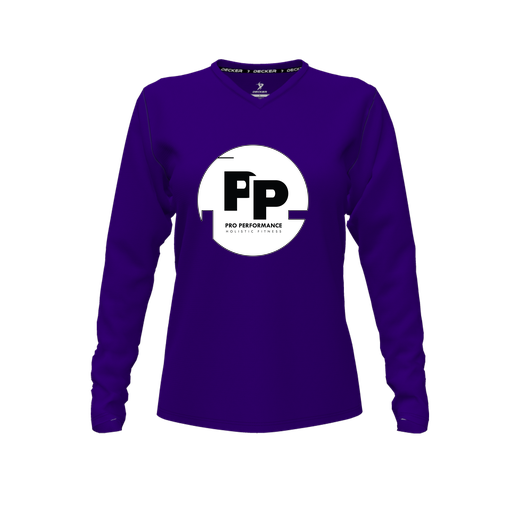 [FTLVPTPP-FYXS-LOGO2] Decker Performance T-Shirt (Female Youth XS, Purple, V Neck, Logo 2, Long Sleeve)